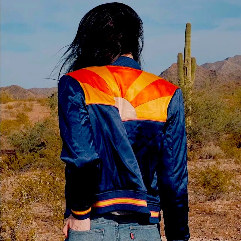 Women Rising Sun Navy Blue Quilted Style Satin Bomber Jacket. Super cute!
